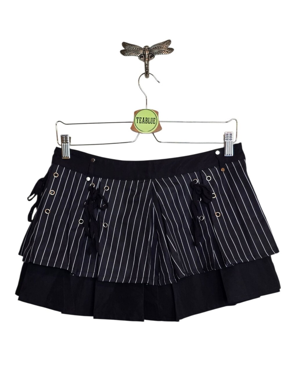 Black Pinstripe Layered Skort Lace-Up Grommet Detail Size L - Picture 4 of 11